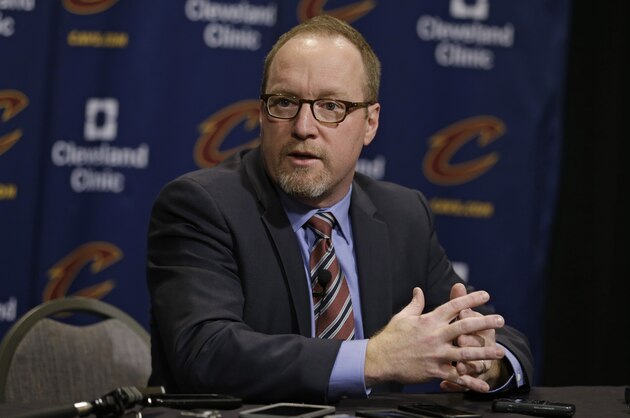 Cleveland Cavaliers general manager David Griffin speaks at a news conference before an NBA basketball game between the Chicago Bulls and the Cleveland Cavaliers, Thursday, Feb. 18, 2016, in Cleveland. (AP Photo/Tony Dejak)