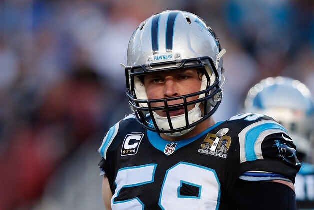 SANTA CLARA, CA - FEBRUARY 07:  Luke Kuechly #59 of the Carolina Panthers looks on during Super Bowl 50 against the Denver Broncos at Levi's Stadium on February 7, 2016 in Santa Clara, California.  (Photo by Ezra Shaw/Getty Images)