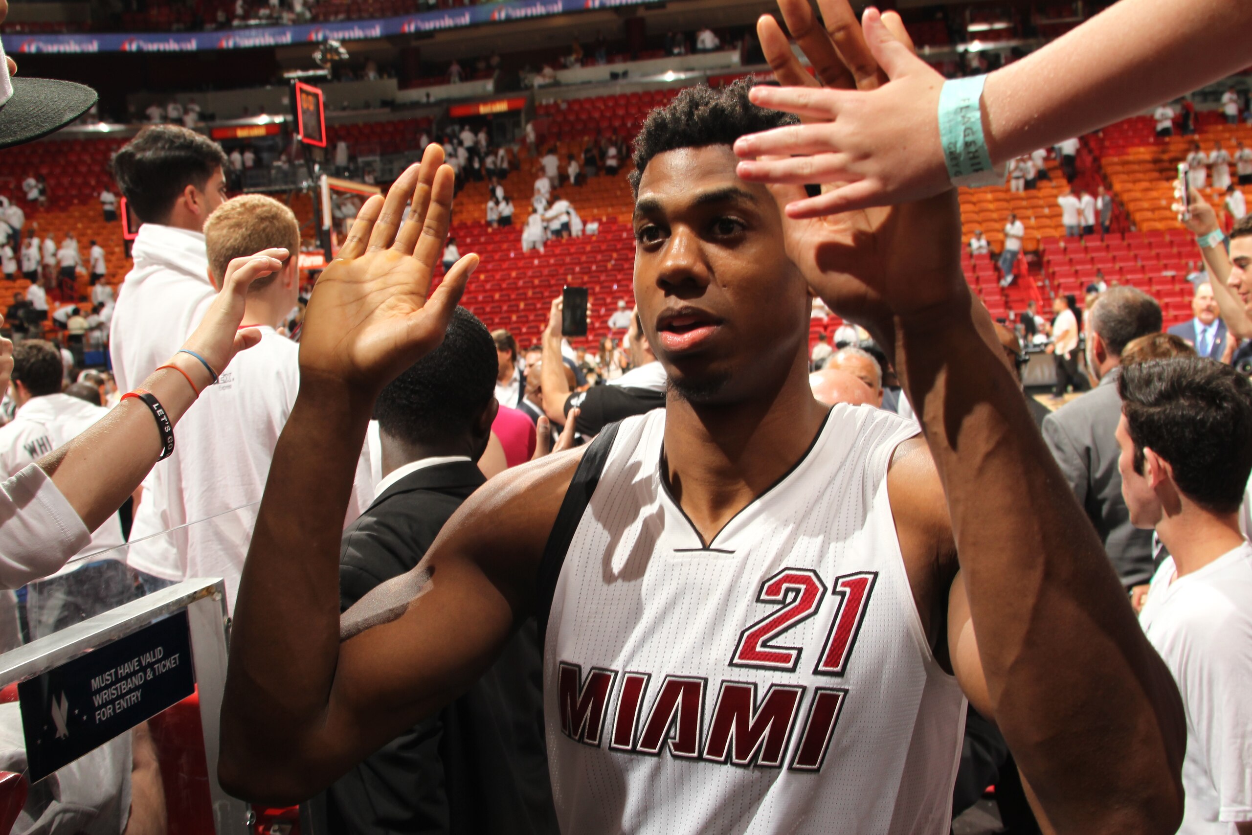 MIAMI, FL  - APRIL 20: Hassan Whiteside #21 of the Miami Heat after the game against the Charlotte Hornets during Game Two of the Eastern Conference Quarterfinals during the 2016 NBA Playoffs on April 20, 2016 at American Airlines Arena in Miami, Florida. NOTE TO USER: User expressly acknowledges and agrees that, by downloading and or using this Photograph, user is consenting to the terms and conditions of the Getty Images License Agreement. Mandatory Copyright Notice: Copyright 2016 NBAE (Photo by Issac Baldizon/NBAE via Getty Images)