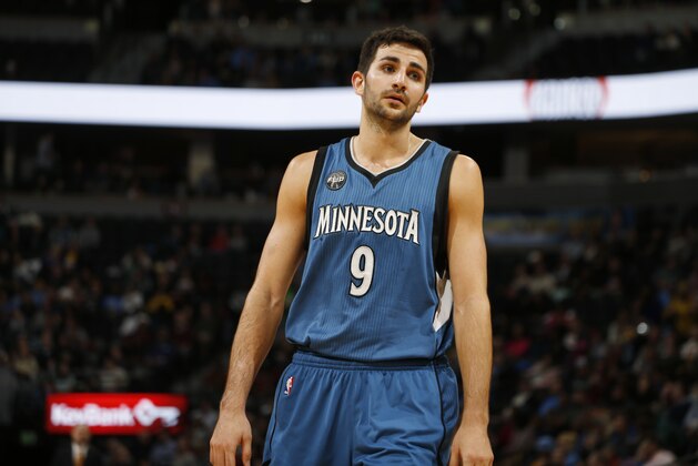 Minnesota Timberwolves guard Ricky Rubio (9) in the second half of an NBA basketball game Friday, Dec.11, 2015, in Denver. Denver won 111-108 in overtime. (AP Photo/David Zalubowski)