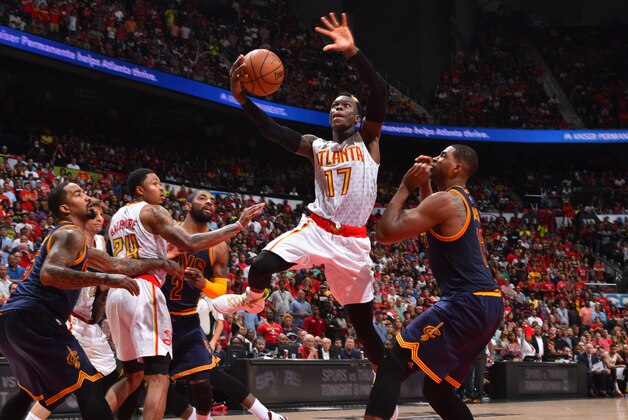 ATLANTA,GA - MAY 8 :  Dennis Schroder #17 of the Atlanta Hawks goes up for the layup against the Cleveland Cavaliers during the Eastern Conference Semifinals Game Four on May 8, 2016 at The Philips Arena in Atlanta Georgia NOTE TO USER: User expressly acknowledges and agrees that, by downloading and/or using this Photograph, user is consenting to the terms and conditions of the Getty Images License Agreement. Mandatory Copyright Notice: Copyright 2016 NBAE (Photo by Jesse D. Garrabrant/NBAE via Getty Images)