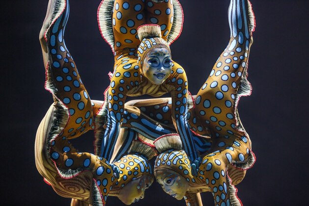 Cast members from Cirque du Soleil perform on stage during the LA Premiere of Cirque du Soleil's