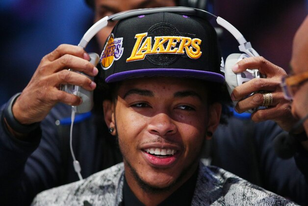 Jun 23, 2016; New York, NY, USA; Brandon Ingram (Duke) does an interview after being selected as the number two overall pick to the Los Angeles Lakers in the first round of the 2016 NBA Draft at Barclays Center. Mandatory Credit: Brad Penner-USA TODAY Sports