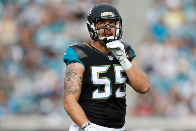 Dec 13, 2015; Jacksonville, FL, USA; Jacksonville Jaguars linebacker Dan Skuta (55) looks on against the Indianapolis Colts in the first quarter at EverBank Field. The Jaguars won 51-16. Mandatory Credit: Jim Steve-USA TODAY Sports