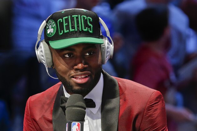 Jaylen Brown answers questions during an interview after being selected third overall by the Boston Celtics during the NBA basketball draft, Thursday, June 23, 2016, in New York. (AP Photo/Frank Franklin II)