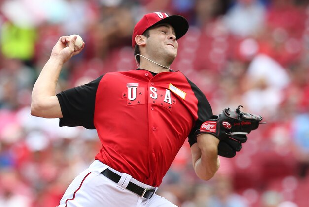 United States' Lucas Giolito throws during the first inning of the All-Star Futures baseball game against Team World, Sunday, July 12, 2015, in Cincinnati. (AP Photo/John Minchillo)