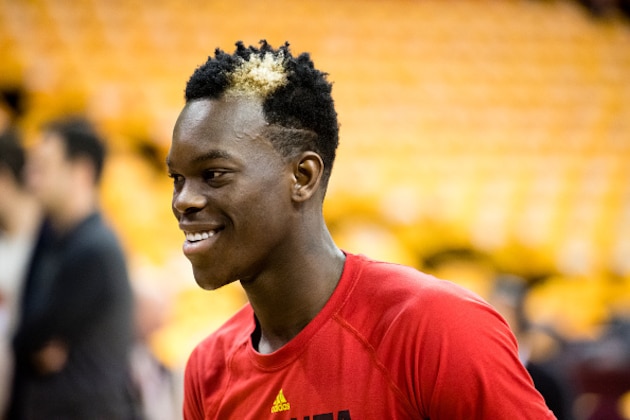 CLEVELAND, OH - MAY 4: Dennis Schroder #17 of the Atlanta Hawks warms up on the court prior to the game of the NBA Eastern Conference semifinals against the Cleveland Cavaliers at Quicken Loans Arena on May 4, 2016 in Cleveland, Ohio. NOTE TO USER: User expressly acknowledges and agrees that, by downloading and or using this photograph, User is consenting to the terms and conditions of the Getty Images License Agreement. (Photo by Jason Miller/Getty Images)  *** Local Caption ***Dennis Schroder