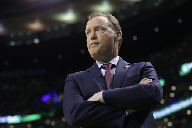 Atlanta Hawks head coach Mike Budenholzer watches play during the first quarter against the Boston Celtics in Game 6 of a first-round NBA basketball playoff series Thursday, April 28, 2016, in Boston. (AP Photo/Elise Amendola)