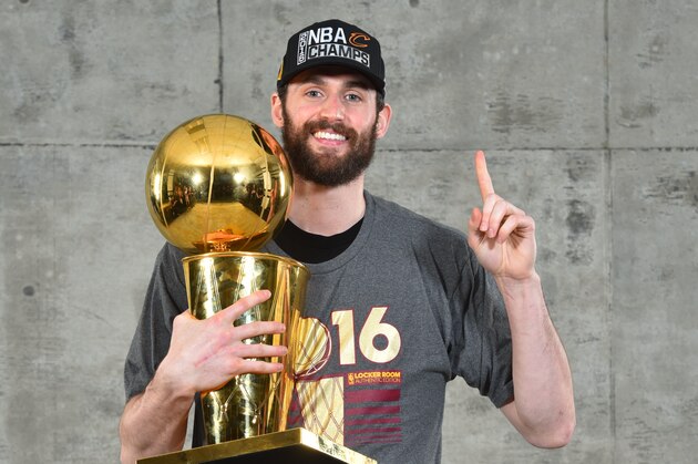OAKLAND, CA - JUNE 19:  Kevin Love #0 of the Cleveland Cavaliers poses for a portrait after winning the NBA Championship against the Golden State Warriors during the 2016 NBA Finals Game Seven on June 19, 2016 at ORACLE Arena in Oakland, California. NOTE TO USER: User expressly acknowledges and agrees that, by downloading and or using this photograph, User is consenting to the terms and conditions of the Getty Images License Agreement. Mandatory Copyright Notice: Copyright 2016 NBAE (Photo by Jesse D. Garrabrant/NBAE via Getty Images)