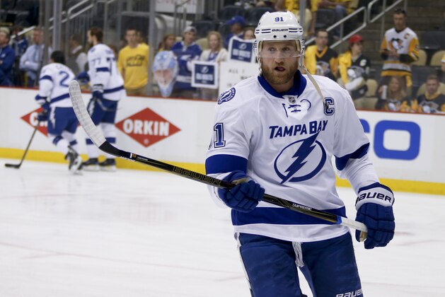 Tampa Bay Lightning's Steven Stamkos skates during a warmup skate before Game 7 of the NHL hockey Stanley Cup Eastern Conference Finals, Thursday, May 26, 2016, in Pittsburgh. Stamkos hasn't played in any playoff games this season. (AP Photo/Gene J. Puskar)