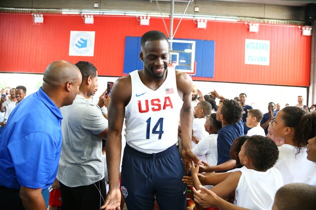 NEW YORK, NY - JUNE 27:  Draymond Green #14 of the 2016 USA Men's Senior National Basketball Team shakes hands with some fans during a press conference at Dunleavy Milbank Center on June 27, 2016 in New York City. NOTE TO USER: User expressly acknowledges and agrees that, by downloading and or using this photograph, User is consenting to the terms and conditions of the Getty Images License Agreement. Mandatory Copyright Notice: Copyright 2016 NBAE (Photo by Nathaniel S. Butler/NBAE via Getty Images)