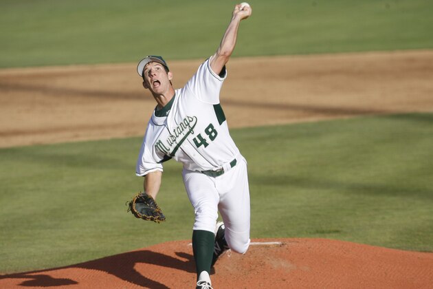 Cal Poly pitcher Matt Imhof delivers a pitch in the second inning of an NCAA college baseball tournament regional game against Sacramento State on Friday, May 30, 2014, in San Luis Obispo, Calif. (AP Photo/Aaron Lambert)