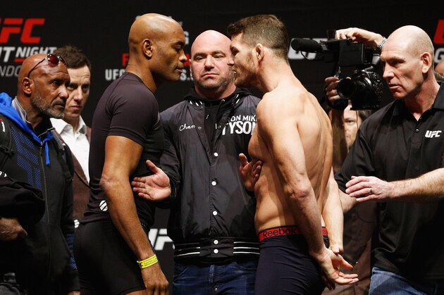 LONDON, ENGLAND - FEBRUARY 26:  Anderson 'The Spider' Silva of Brazil and Michael 'The Count' Bisping of England come face to face and are held back by security during the UFC Fight Night Weigh-in held at at Indigo at The O2 Arena on February 26, 2016 in London, England.  (Photo by Dean Mouhtaropoulos/Zuffa LLC/Zuffa LLC via Getty Images)