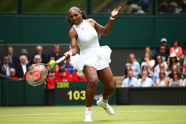 LONDON, ENGLAND - JUNE 28:  Serena Williams of The United States plays a forehand during the Ladies Singles first round match  against Amra Sadikovic of Switzerland on day two of the Wimbledon Lawn Tennis Championships at the All England Lawn Tennis and Croquet Club on June 28, 2016 in London, England.  (Photo by Clive Brunskill/Getty Images)
