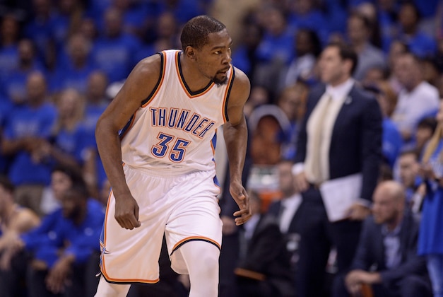 May 28, 2016; Oklahoma City, OK, USA; Oklahoma City Thunder forward Kevin Durant (35) reacts during the first quarter against the Golden State Warriors in game six of the Western conference finals of the NBA Playoffs at Chesapeake Energy Arena. Mandatory Credit: Mark D. Smith-USA TODAY Sports