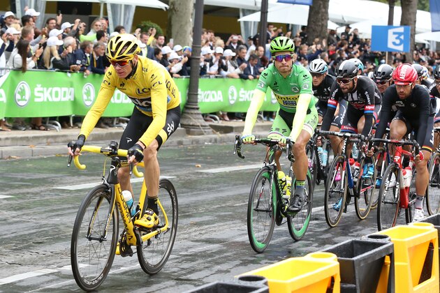 PARIS, FRANCE - JULY 26: Chris Froome of Great Britain and Team Sky (yellow jersey) leads Peter Sagan of Slovakia and Tinkoff-Saxo during stage twenty one of the 2015 Tour de France, a 109.5 km stage from Sevres to the Champs Elysees Avenue in Paris on July 26, 2015 in Paris, France. (Photo by Jean Catuffe/Getty Images)