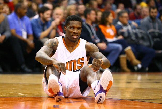 Dec 26, 2015; Phoenix, AZ, USA; Phoenix Suns guard Eric Bledsoe reacts after suffering an injury in the second quarter against the Philadelphia 76ers at Talking Stick Resort Arena. Mandatory Credit: Mark J. Rebilas-USA TODAY Sports
