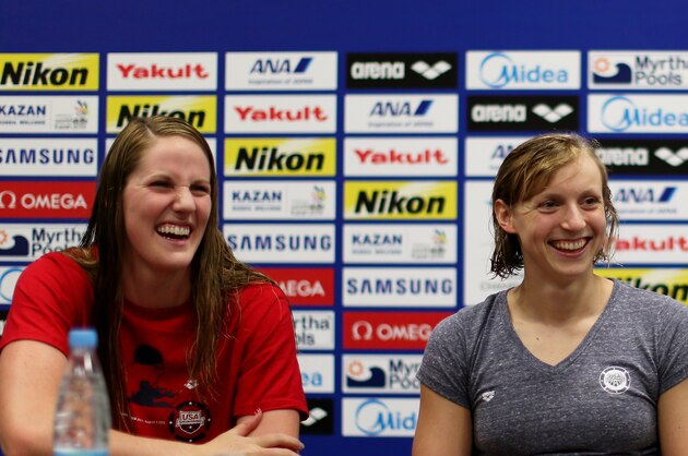 KAZAN, RUSSIA - JULY 31:  Missy Franklin (L) and Katie Ledecky laugh as they attend a United States Swim Team press conference on day seven of the 16th FINA World Championships at the Kazan Arena on July 31, 2015 in Kazan, Russia.  (Photo by Streeter Lecka/Getty Images)