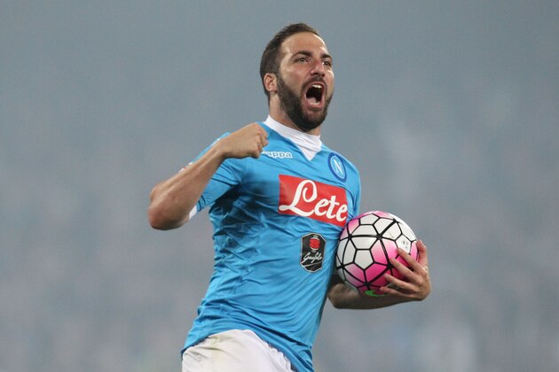 TOPSHOT - Napoli's Argentinian-French forward Gonzalo Higuain celebrates after scoring his third goal during the Italian Serie A football match SSC Napoli vs Frosinone Calcio on May 14 2016 at the San Paolo stadium in Naples.
Napoli won the match 4-0. / AFP / CARLO HERMANN        (Photo credit should read CARLO HERMANN/AFP/Getty Images)