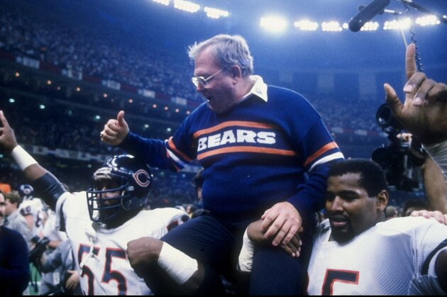 26 Jan 1986: Defensive coach Buddy Ryan and defensive end Richard Dent of the Chicago Bears celebrate after the Super Bowl XX game against the New England Patriots at the Louisiana Superdome in New Orleans, Louisiana. The Bears defeated the Patriots 46-10