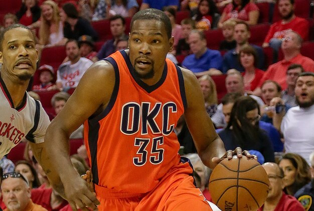 Oklahoma City Thunder forward Kevin Durant (35) drives around Houston Rockets forward Trevor Ariza (1) during a basketball game Sunday, April 3, 2016, in Houston. Houston won 118-110. (AP Photo/Bob Levey) Oklahoma City Thunder forward Kevin Durant (35) drives around Houston Rockets forward Trevor Ariza (1) during a basketball game Sunday, April 3, 2016, in Houston. Houston won 118-110. (AP Photo/Bob Levey)