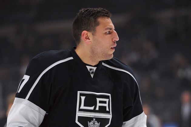 The Kings' Milan Lucic warms up before an NHL hockey game against the Devils in Los Angeles, Saturday, March 12, 2016. (AP Photo/Michael Owen Baker)