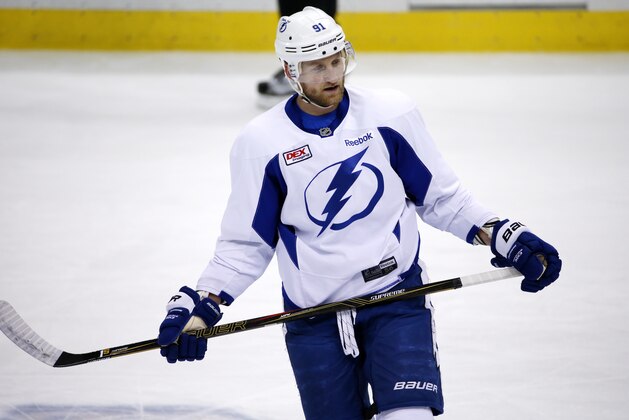 Tampa Bay Lightning's Steven Stamkos participates in an NHL hockey practice at the Consol Energy Center in Pittsburgh, Sunday May 15, 2016. The Lightning are preparing for Game 2 of the Eastern Conference Finals against the Pittsburgh Penguins on Monday, May 16, in Pittsburgh. (AP Photo/Gene J. Puskar)