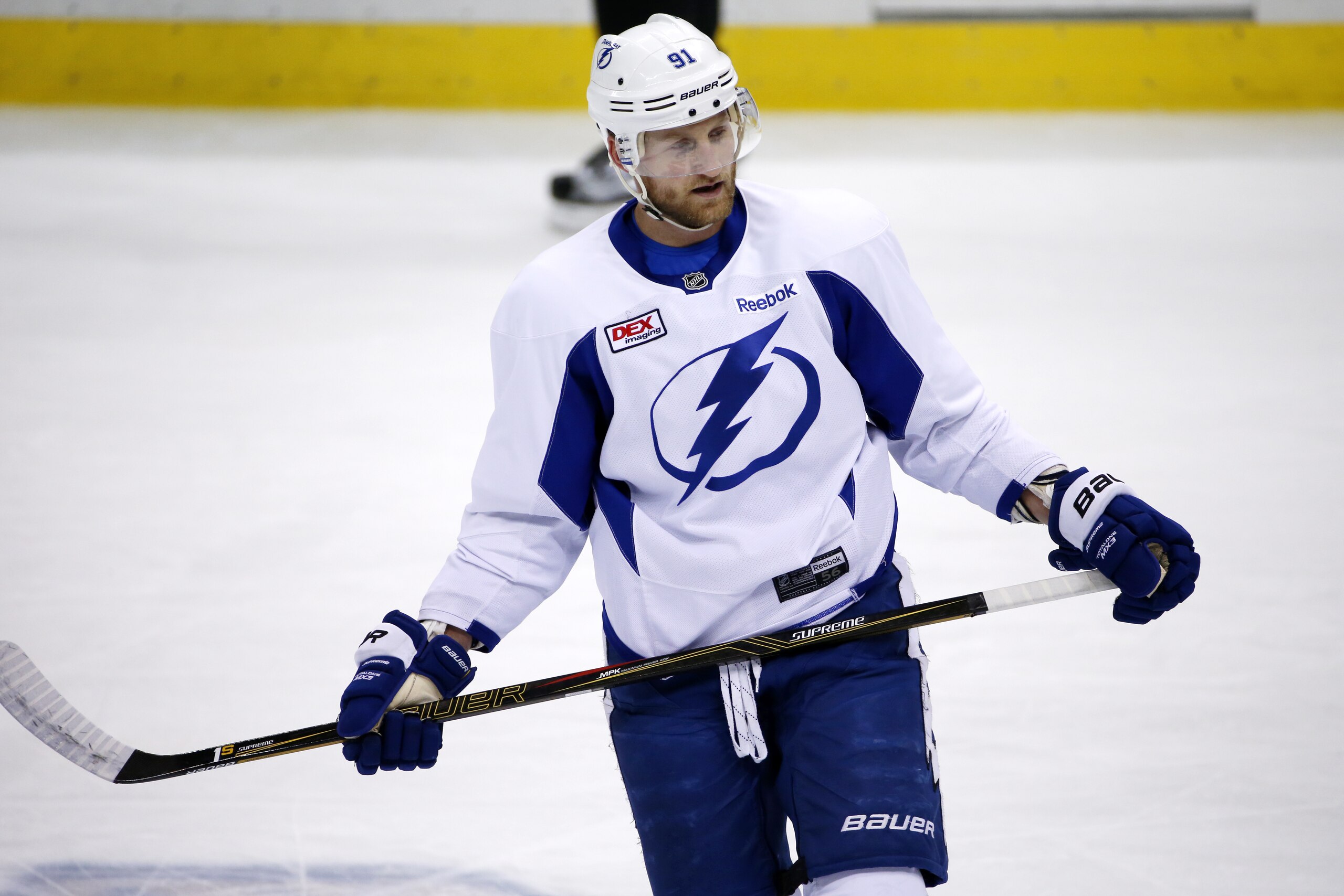 Tampa Bay Lightning's Steven Stamkos participates in an NHL hockey practice at the Consol Energy Center in Pittsburgh, Sunday May 15, 2016. The Lightning are preparing for Game 2 of the Eastern Conference Finals against the Pittsburgh Penguins on Monday, May 16, in Pittsburgh. (AP Photo/Gene J. Puskar)