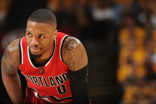 OAKLAND, CA - MAY 11:  Damian Lillard #0 of the Portland Trail Blazers is seen during the game against the Golden State Warriors in Game Five of the Western Conference Semifinals on May 11, 2016 at ORACLE Arena in Oakland, California. NOTE TO USER: User expressly acknowledges and agrees that, by downloading and or using this photograph, user is consenting to the terms and conditions of Getty Images License Agreement. Mandatory Copyright Notice: Copyright 2016 NBAE (Photo by Noah Graham/NBAE via Getty Images)