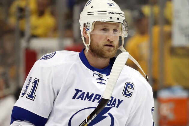 May 26, 2016; Pittsburgh, PA, USA; Tampa Bay Lightning center Steven Stamkos (91) skates on the ice prior to the game against the Pittsburgh Penguins in game seven of the Eastern Conference Final of the 2016 Stanley Cup Playoffs at the CONSOL  Energy Center. Mandatory Credit: Charles LeClaire-USA TODAY Sports