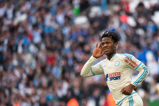 Marseille's Belgian forward Michy Batshuayi celebrates after scoring the 1-1 goal during the French L1 football match between Olympique de Marseille and Saint-Etienne at Velodrome Stadium in Marseille, southern France, on February 21, 2016. The match ended in a 1-1 draw. AFP PHOTO / BERTRAND LANGLOIS / AFP / BERTRAND LANGLOIS        (Photo credit should read BERTRAND LANGLOIS/AFP/Getty Images)