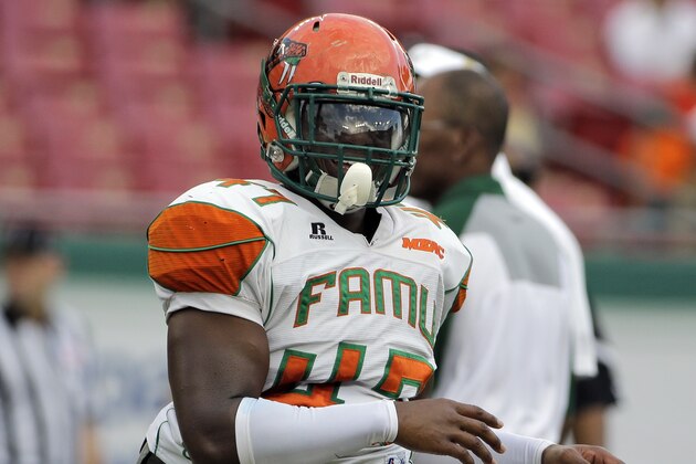 Florida A&M linebacker Akil Blount before an NCAA college football game against South Florida Saturday, Sept. 5, 2015, in Tampa, Fla. (AP Photo/Chris O'Meara)