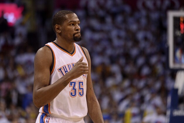 May 24, 2016; Oklahoma City, OK, USA; Oklahoma City Thunder forward Kevin Durant (35) reacts during the first quarter against the Golden State Warriors in game four of the Western conference finals of the NBA Playoffs at Chesapeake Energy Arena. Mandatory Credit: Mark D. Smith-USA TODAY Sports