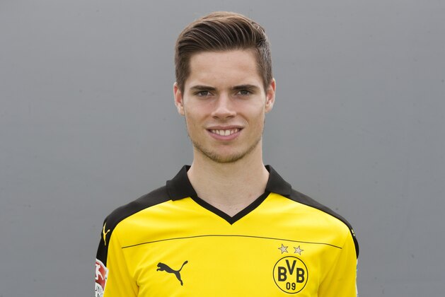 Borussia Dortmund's Julian Weigl poses for a portrait for the Bundesliga season 2015/16 Wednesday, July 15, 2015 in Dortmund, western Germany. (AP Photo/Bernd Lauter)