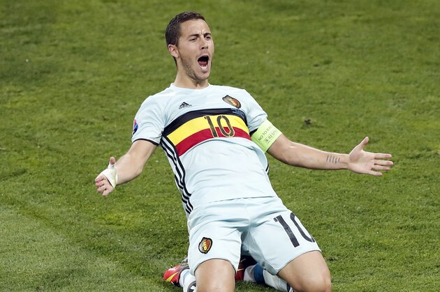 Belgium's Eden Hazard celebrates scoring his side's 3rd goal during the Euro 2016 round of 16 soccer match between Hungary and Belgium, at the Stadium municipal in Toulouse, France, Sunday, June 26, 2016. (AP Photo/Francois Mori)