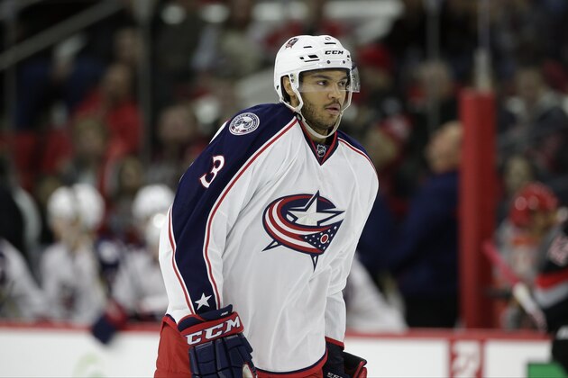 Columbus Blue Jackets' Seth Jones (3) is seen during a break in action during the second period of an NHL hockey game against the Carolina Hurricanes in Raleigh, N.C., Friday, Jan. 8, 2016. (AP Photo/Gerry Broome)