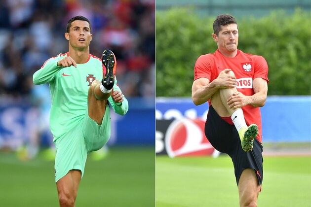 (COMBO) This combination of pictures created on June 26, 2016 shows Portugal's Captain and forward Cristiano Ronaldo warming up before the round of sixteen football match Croatia against Portugal of the Euro 2016 football tournament, on June 25, 2016 at the Bollaert-Delelis stadium in Lens, and Poland's captain and  forward Robert Lewandowski taking part in a training session in La Baule, on June 23, 2016, during the Euro 2016 football tournament.   

Poland will face Portugal in their Euro 2016 Quarter-Finals football match at the Velodrome stadium in Marseille on June 30, 2016. / AFP / FRANCISCO LEONG AND LOIC VENANCE        (Photo credit should read FRANCISCO LEONG,LOIC VENANCE/AFP/Getty Images)