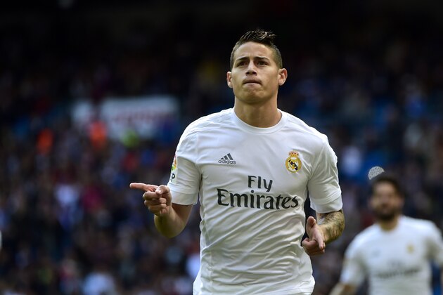 Real Madrid's Colombian midfielder James Rodriguez celebrates a goal during the Spanish league football match Real Madrid CF vs SD Eibar at the Santiago Bernabeu stadium in Madrid on April 9, 2016. / AFP / PIERRE-PHILIPPE MARCOU        (Photo credit should read PIERRE-PHILIPPE MARCOU/AFP/Getty Images)
