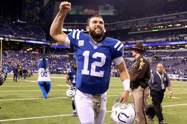 INDIANAPOLIS, IN - NOVEMBER 08:  Andrew Luck #12 of the Indianapolis Colts celebrates after the 27-24 win over the Denver Broncos at Lucas Oil Stadium on November 8, 2015 in Indianapolis, Indiana.  (Photo by Andy Lyons/Getty Images)