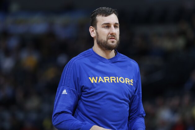 Golden State Warriors center Andrew Bogut (12) during the first half of an NBA basketball game Wednesday, Jan. 13, 2016, in Denver. (AP Photo/David Zalubowski)