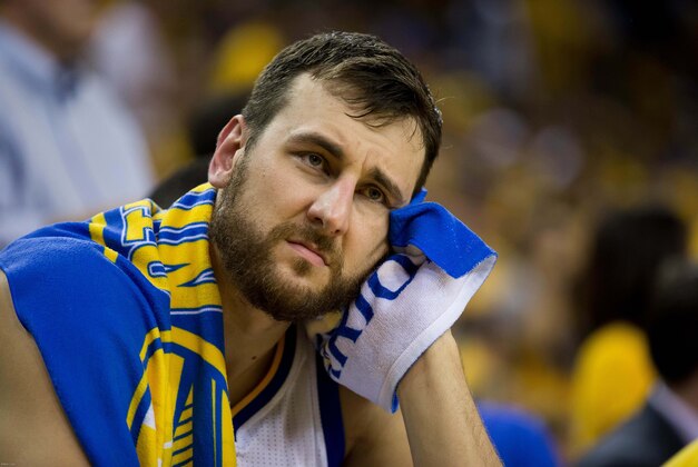 May 26, 2016; Oakland, CA, USA; Golden State Warriors center Andrew Bogut (12) sits on the bench against the Oklahoma City Thunder during the second quarter in game five of the Western conference finals of the NBA Playoffs at Oracle Arena. Mandatory Credit: Kelley L Cox-USA TODAY Sports