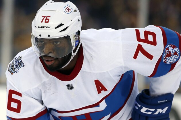 FILE - In this Jan. 1, 2016, file photo, Montreal Canadiens' P.K. Subban (76) watches the action during the second period of the NHL Winter Classic hockey game against the Boston Bruins at Gillette Stadium in Foxborough, Mass. The Nashville Predators pulled off a blockbuster before the start of free agency Wednesday, June 29, 2016,  by acquiring P.K. Subban from the Montreal Canadiens in exchange for Shea Weber, a swap of All-Star defensemen. (AP Photo/Michael Dwyer, File)
