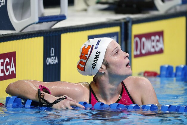 Jun 29, 2016; Omaha, NE, USA; Cammile Adams reacts after heat 10 during the women's 200 meter butterfly in the U.S. Olympic swimming team trials at CenturyLink Center. Mandatory Credit: Erich Schlegel-USA TODAY Sports
