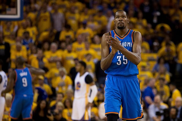 May 26, 2016; Oakland, CA, USA; Oklahoma City Thunder forward Kevin Durant (35) looks on after a play against the Golden State Warriors during the second quarter in game five of the Western conference finals of the NBA Playoffs at Oracle Arena. Mandatory Credit: Kelley L Cox-USA TODAY Sports