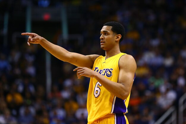 Mar 23, 2016; Phoenix, AZ, USA; Los Angeles Lakers guard Jordan Clarkson (6) reacts against the Phoenix Suns at Talking Stick Resort Arena. The Suns defeated the Lakers 119-107. Mandatory Credit: Mark J. Rebilas-USA TODAY Sports