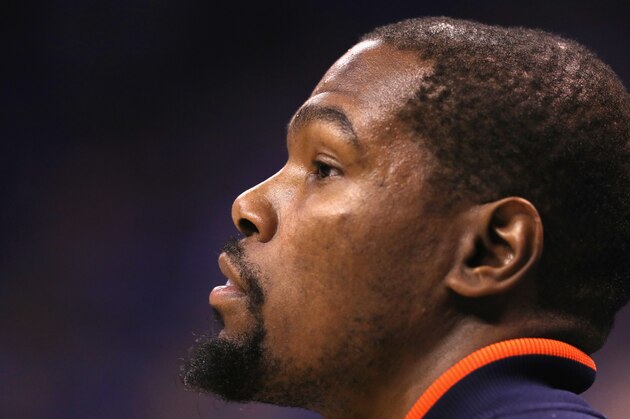 OKLAHOMA CITY, OK - MAY 28:  Kevin Durant #35 of the Oklahoma City Thunder looks on prior to game six of the Western Conference Finals against the Golden State Warriors during the 2016 NBA Playoffs at Chesapeake Energy Arena on May 28, 2016 in Oklahoma City, Oklahoma. NOTE TO USER: User expressly acknowledges and agrees that, by downloading and or using this photograph, User is consenting to the terms and conditions of the Getty Images License Agreement.  (Photo by Maddie Meyer/Getty Images)