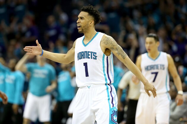 CHARLOTTE, NC - APRIL 25:  Courtney Lee #1 of the Charlotte Hornets reacts after a play against the Miami Heat during game four of the Eastern Conference Quarterfinals of the 2016 NBA Playoffs at Time Warner Cable Arena on April 25, 2016 in Charlotte, North Carolina.  NOTE TO USER: User expressly acknowledges and agrees that, by downloading and or using this photograph, User is consenting to the terms and conditions of the Getty Images License Agreement.  (Photo by Streeter Lecka/Getty Images)