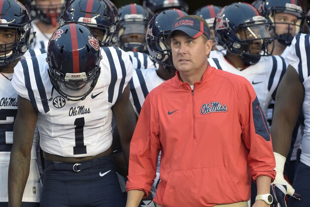Mississippi head coach Hugh Freeze waits to take the field before an NCAA college football game against Florida Saturday, Oct. 3, 2015, in Gainesville, Fla. (AP Photo/Phelan M. Ebenhack)