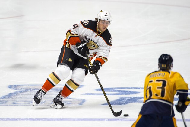 NASHVILLE, TN - APRIL 19:  Cam Fowler #4 of the Anaheim Ducks skates with the puck against the Nashville Predators during a NHL game at Bridgestone Arena on April 19, 2016 in Nashville, Tennessee.  (Photo by Ronald C. Modra/NHL/Getty Images)