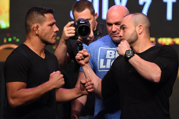 LAS VEGAS, NV - APRIL 20:   (L-R) Opponents Rafael Dos Anjos of Brazil and Eddie Alvarez face off during the UFC 200 press conference at the MGM Grand Garden Arena on April 20, 2016 in Las Vegas, Nevada. (Photo by Josh Hedges/Zuffa LLC/Zuffa LLC via Getty Images)